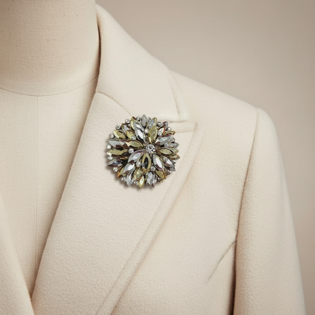 Spilla a fiore con strass oro e argento