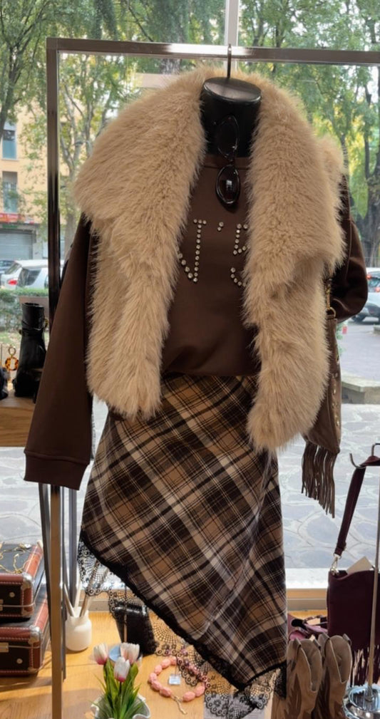 Gonna a scacchi con profili in pizzo