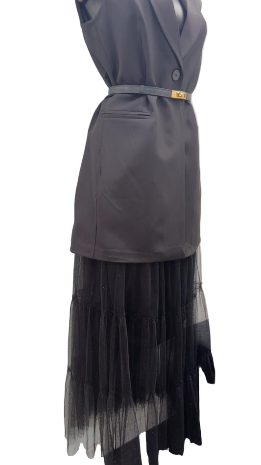 Gonna con rivestimento in tulle e strass