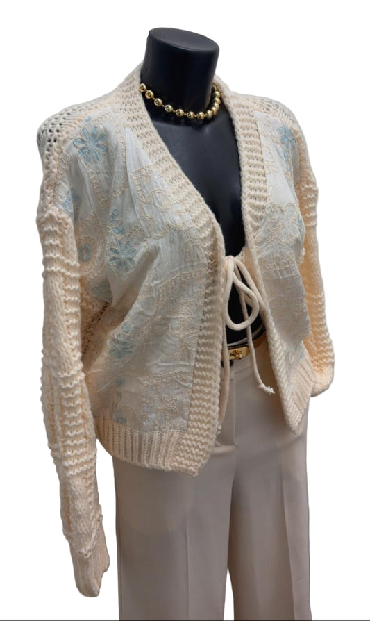 Cardigan in lana con inserti in raso e strass