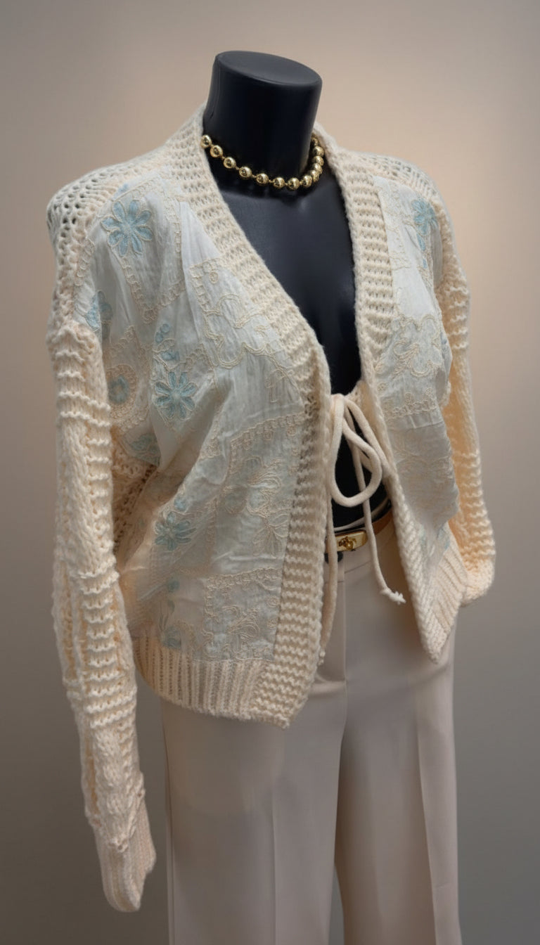 Cardigan in lana con inserti in raso e strass