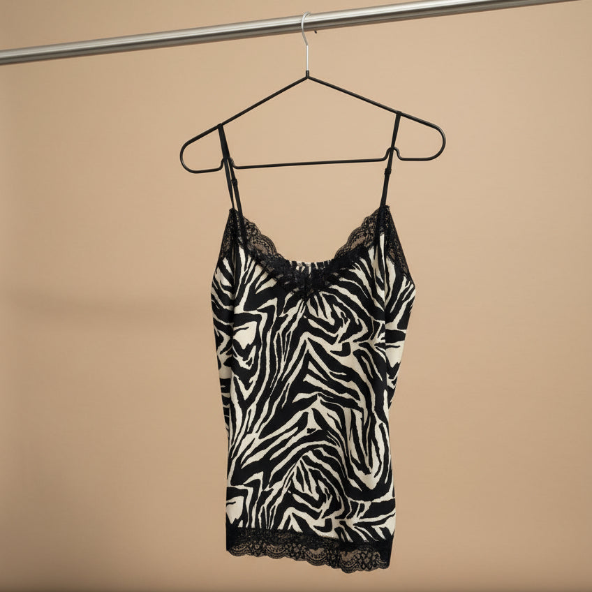 Canotta zebrata in raso con pizzo