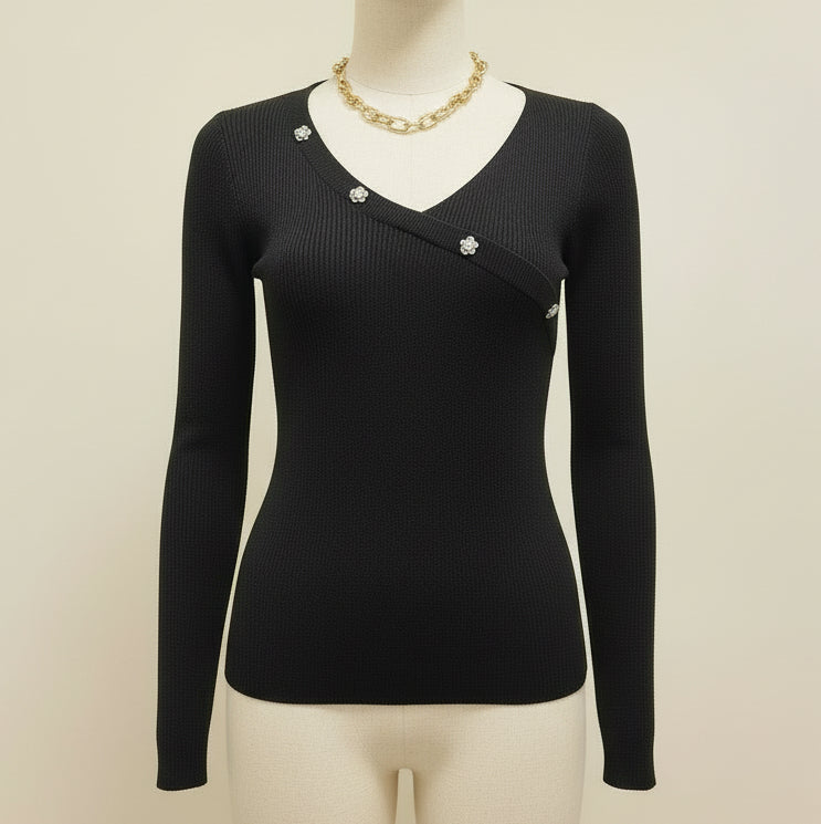 Maglia a costine con bottoni in strass