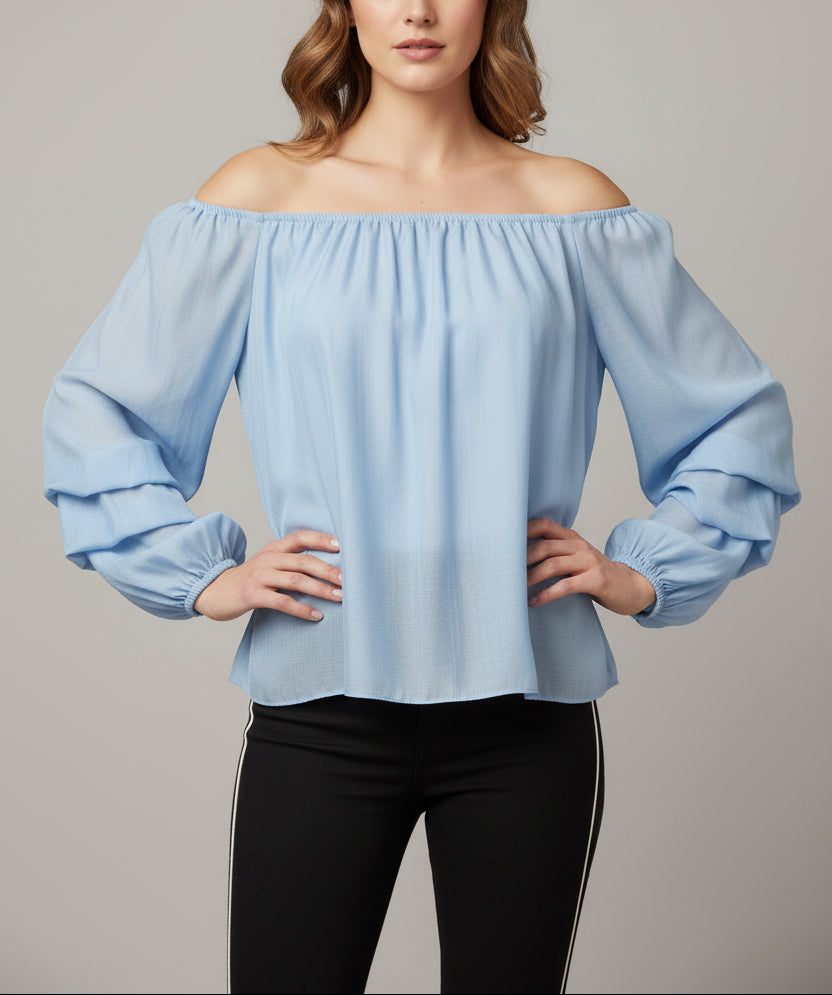 Blusa in tulle con maniche drappeggiate