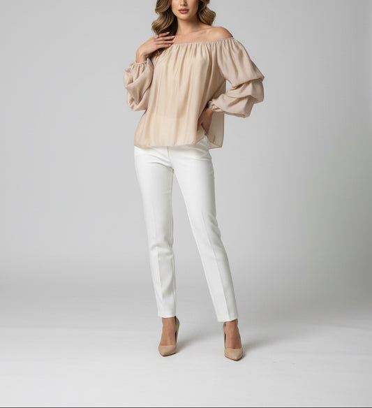 Blusa in tulle con maniche drappeggiate