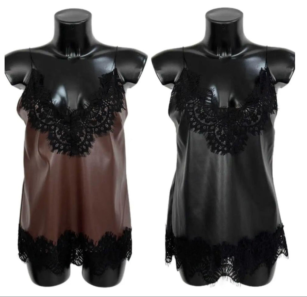 Canotta in ecopelle con pizzo