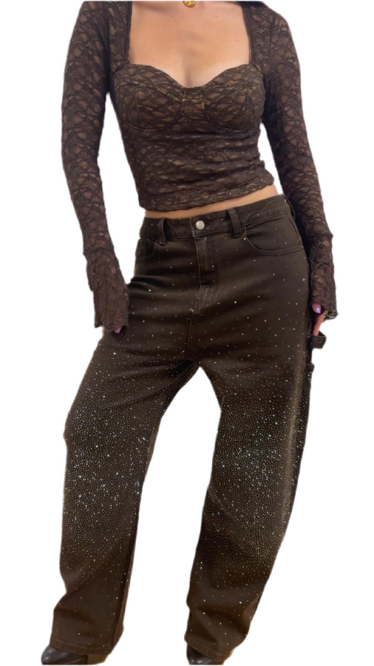Jeans cargo con brillantini
