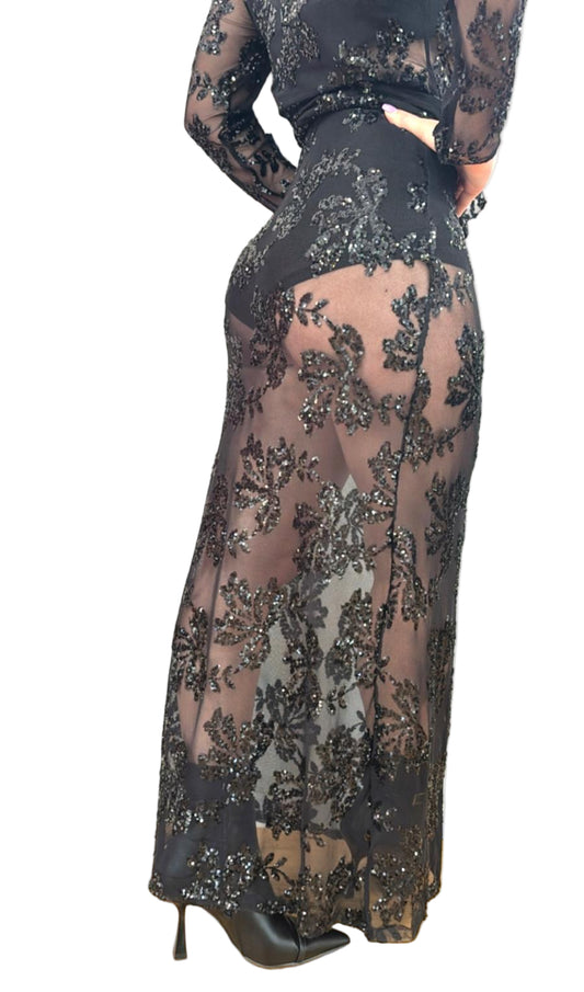 Gonna lunga in tulle elasticizzata con paillettes ricamate