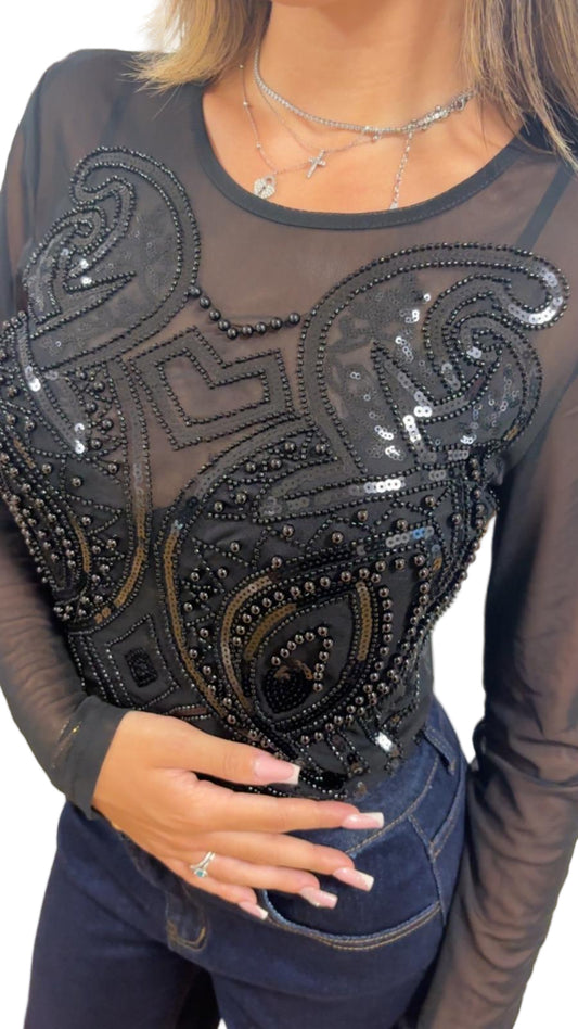 Body in Tulle elasticizzato con paillettes
