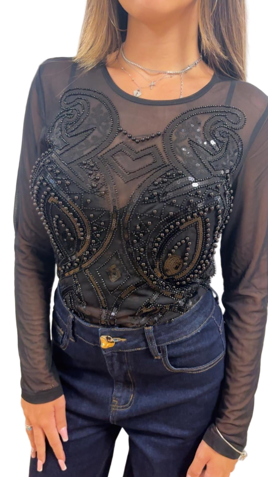 Body in Tulle elasticizzato con paillettes