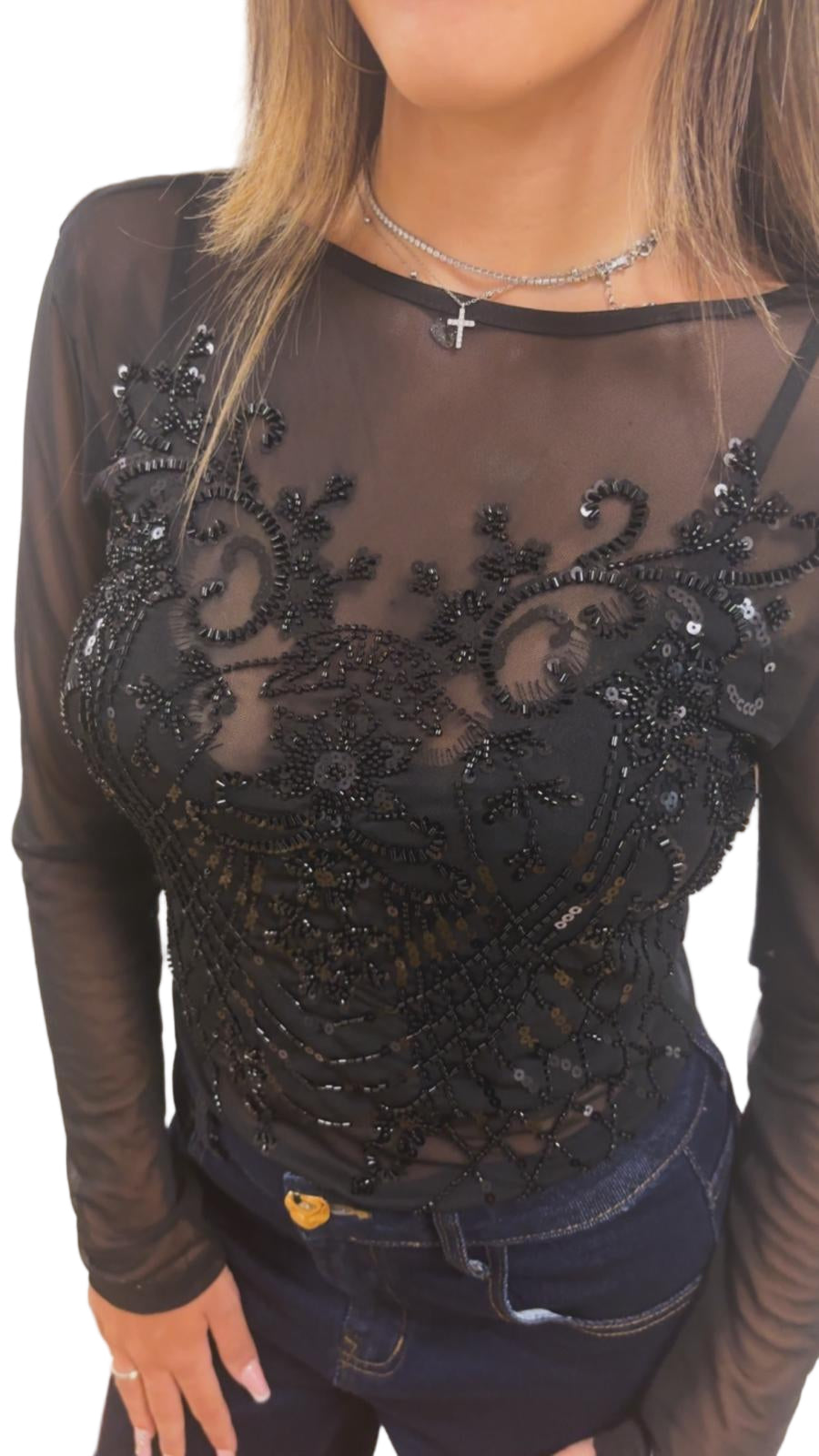 Body in Tulle elasticizzato con paillettes