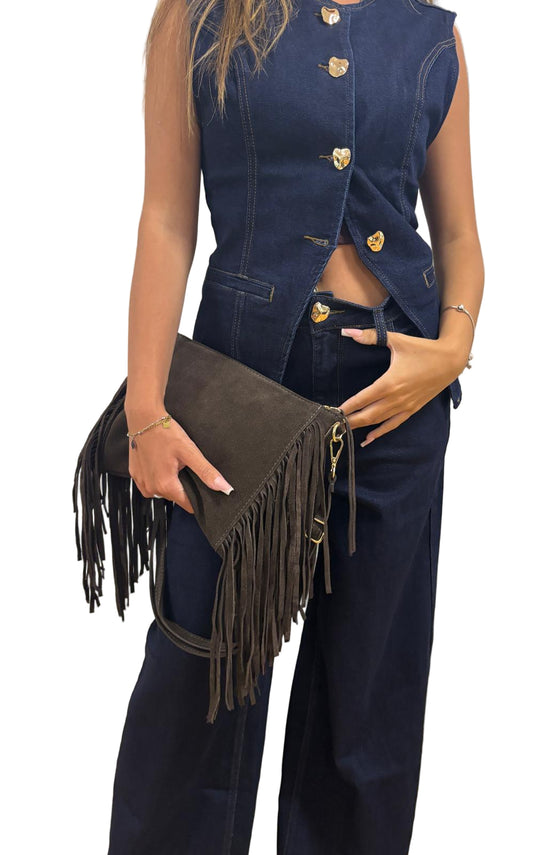 Completo in Jeans elasticizzato con gilet e bottoni oro