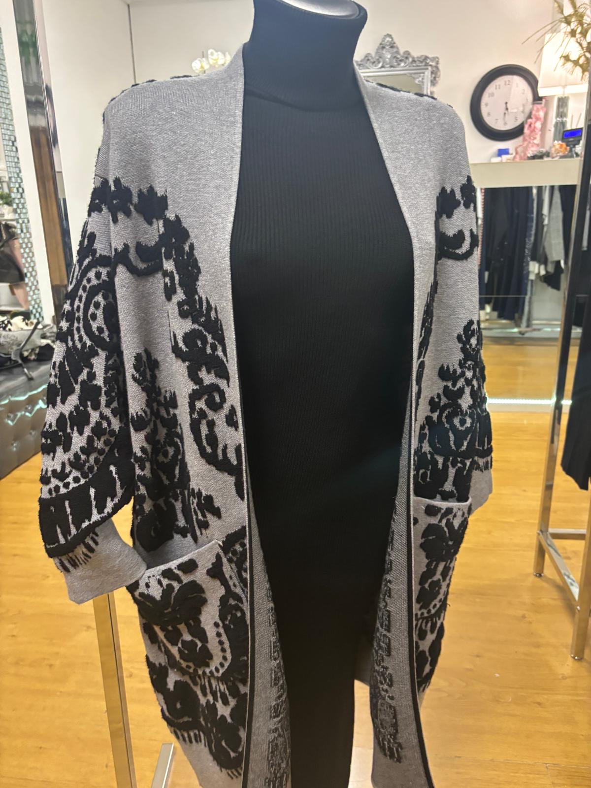 Cardigan lungo in viscosa e lana con ricami