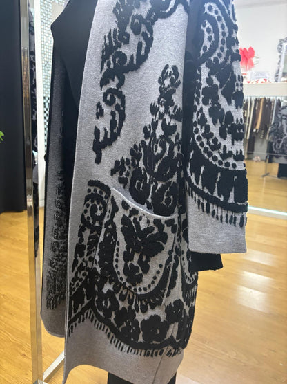 Cardigan lungo in viscosa e lana con ricami