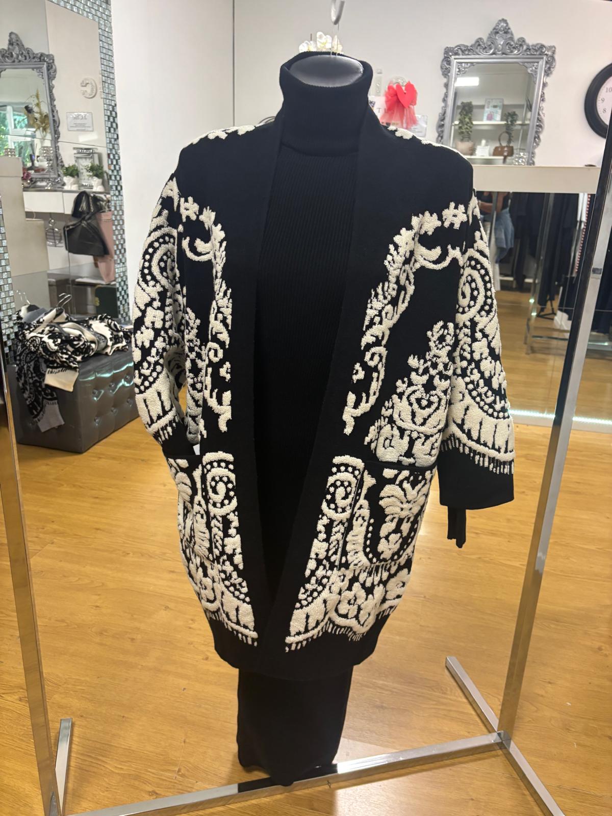 Cardigan lungo in viscosa e lana con ricami