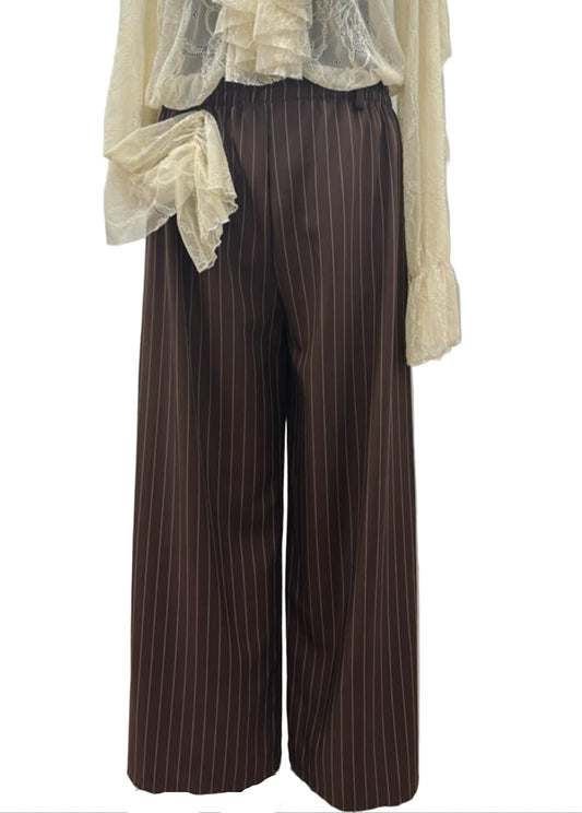 Pantalone gessato modello palazzo con elastico e passanti cintura