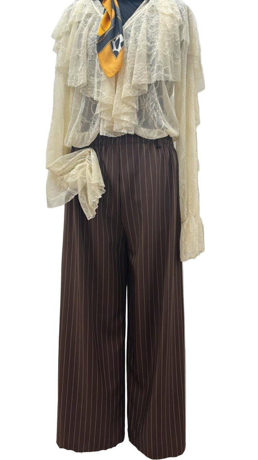 Pantalone gessato modello palazzo con elastico e passanti cintura