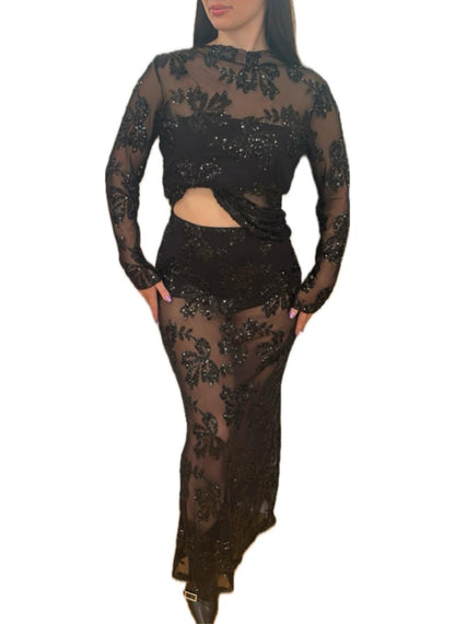 Completo Maglia e Gonna elasticizzati con paillettes ricamate