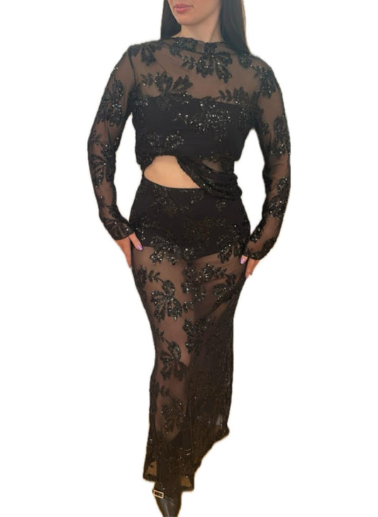 Completo Maglia e Gonna elasticizzati con paillettes ricamate