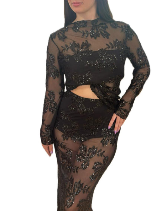 Maglia in tulle elasticizzata con paillettes ricamate