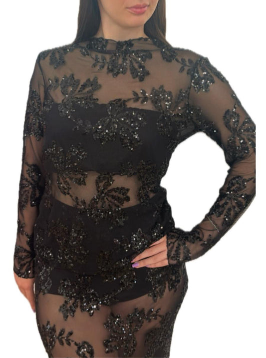 Maglia in tulle elasticizzata con paillettes ricamate