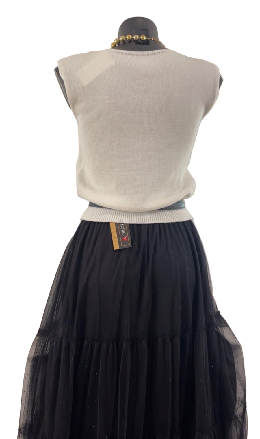 Gonna con rivestimento in tulle e strass