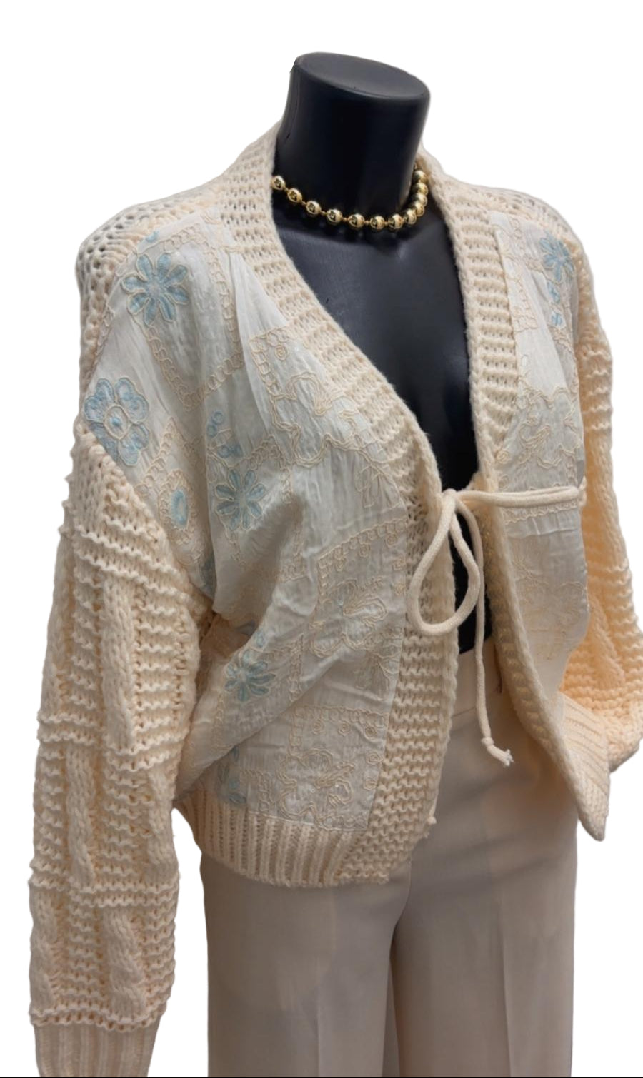 Cardigan in lana con inserti in raso e strass