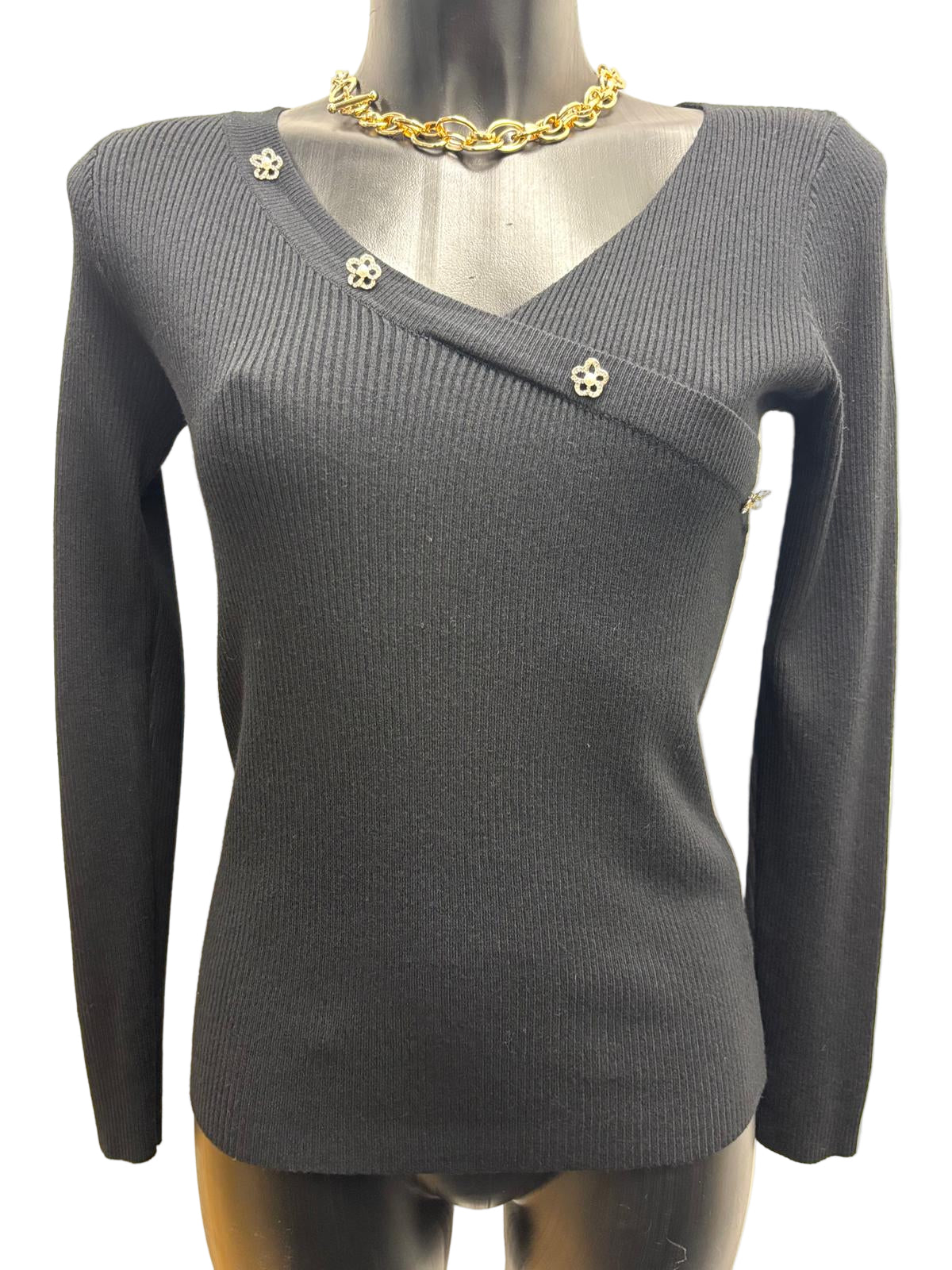 Maglia a costine con bottoni in strass