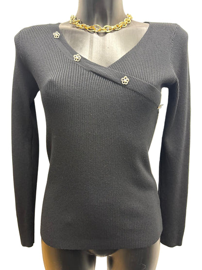 Maglia a costine con bottoni in strass