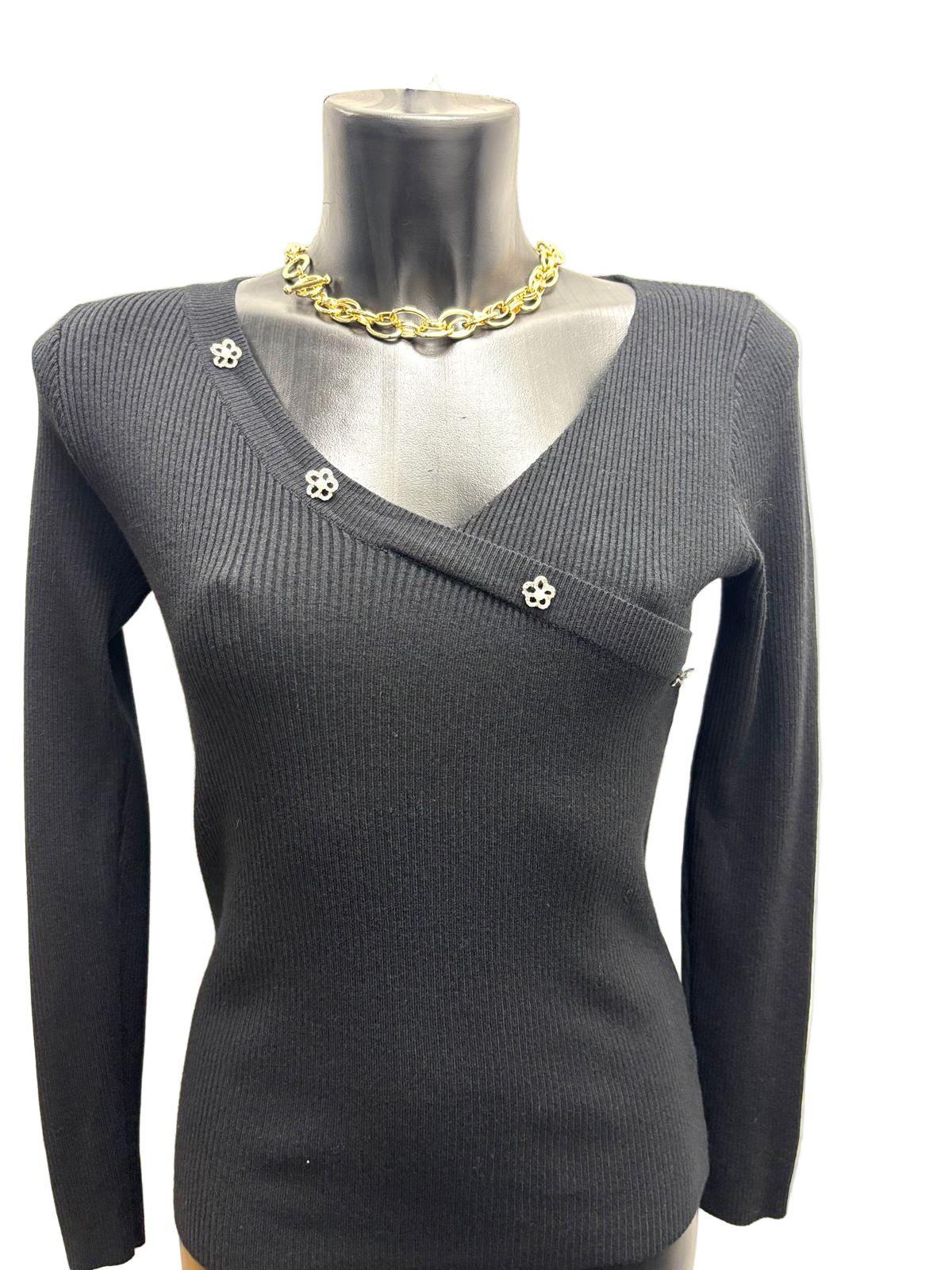 Maglia a costine con bottoni in strass