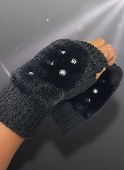 Guanti senza dita in lana e ecopelliccia