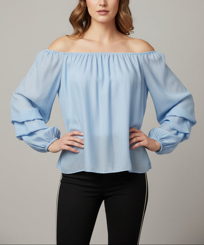 Blusa in tulle con maniche drappeggiate