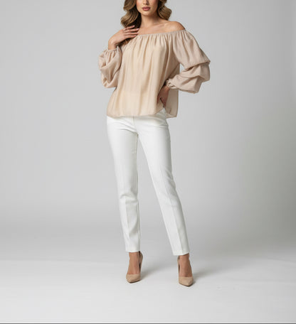 Blusa in tulle con maniche drappeggiate