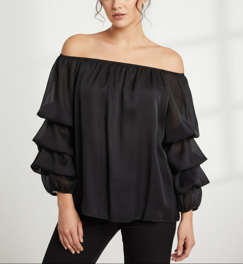 Blusa in tulle con maniche drappeggiate
