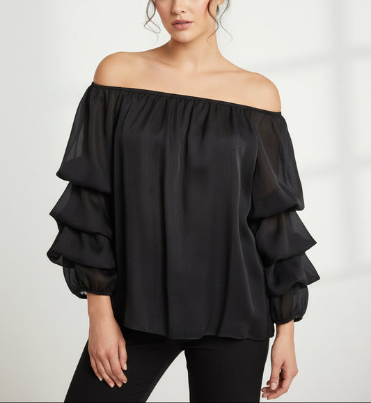 Blusa in tulle con maniche drappeggiate