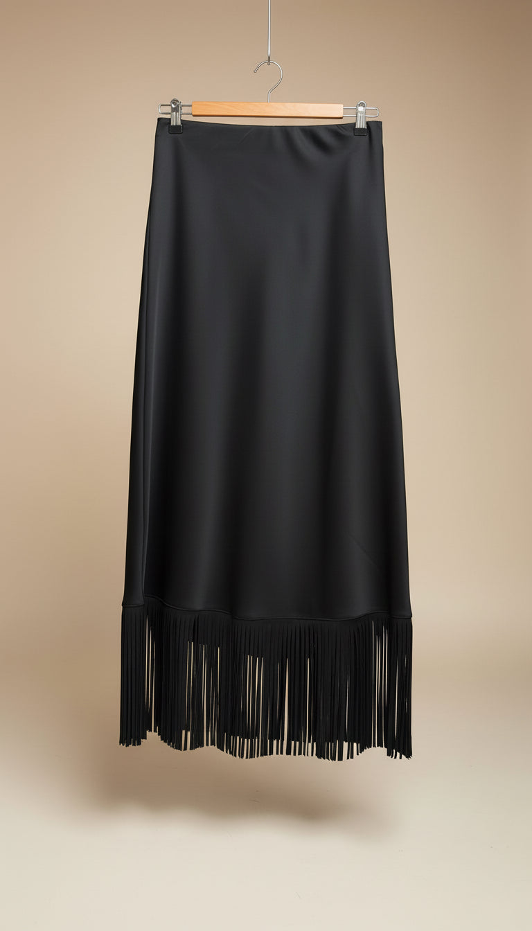 Gonna lunga in raso con frange
