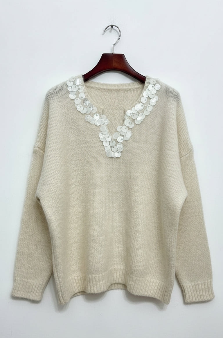 Maglione collo a V con paillettes