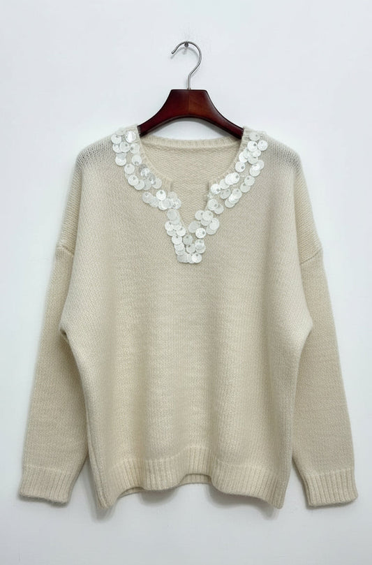 Maglione collo a V con paillettes