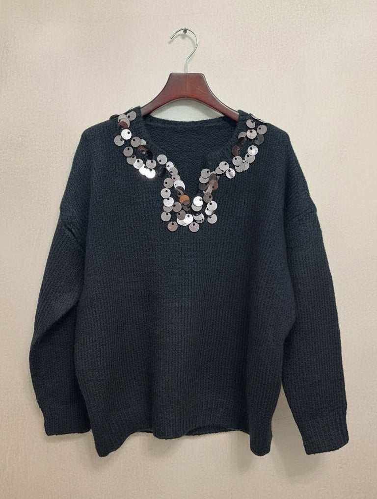 Maglione collo a V con paillettes
