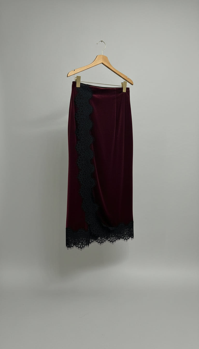 Gonna longuette in velluto con pizzo