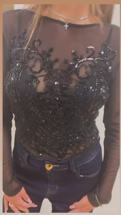 Body in Tulle elasticizzato con paillettes